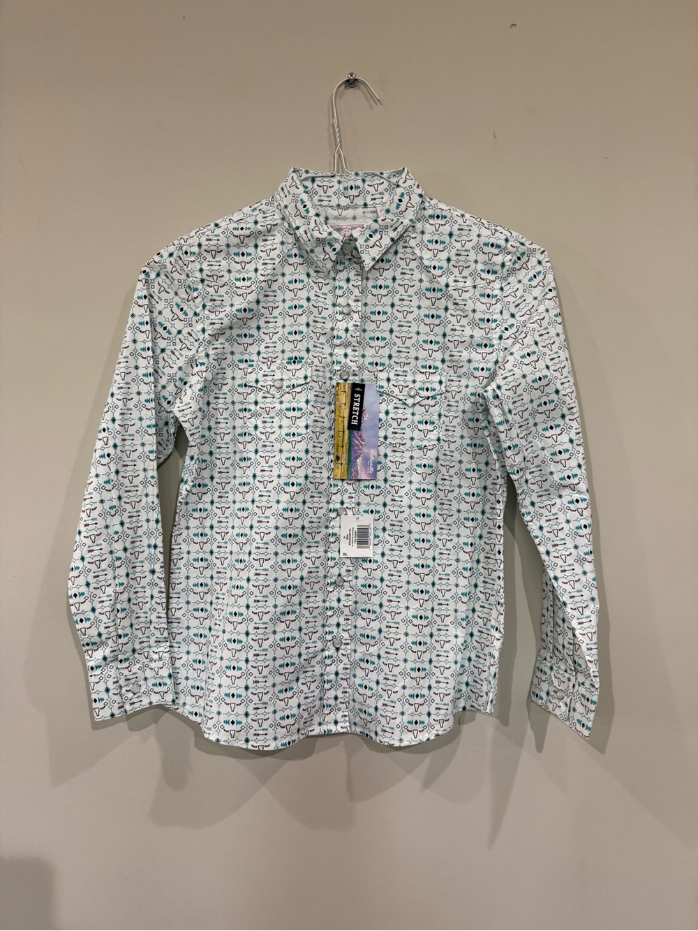 Children's White Button-Down Shirt with Teal Pattern - Youth